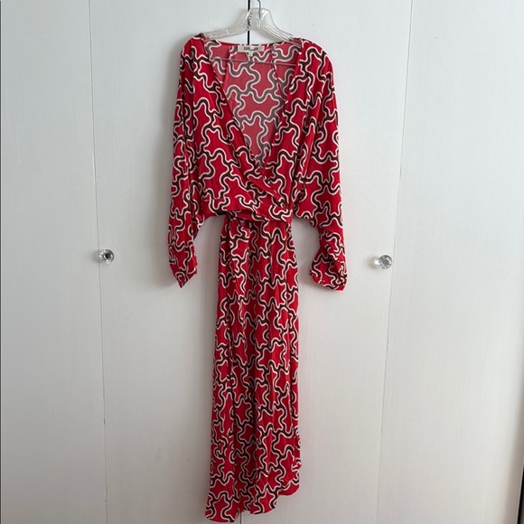 Diane Von Furstenberg Eloise Red Wrap Long Sleeve Midi Dress Asymmetrical Sz. XL - Picture 4 of 13